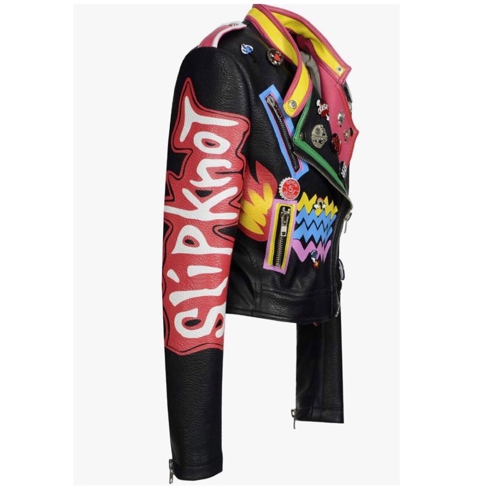 SX Honey Pot Black Faux Vegan Leather Jacket Slipknot Graffiti Punk Moto NWT XS - Picture 2 of 10